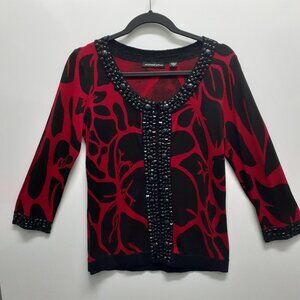 MICHAEL SIMON Black & Red Beaded 3/4 Sleeve Cardigan Size S